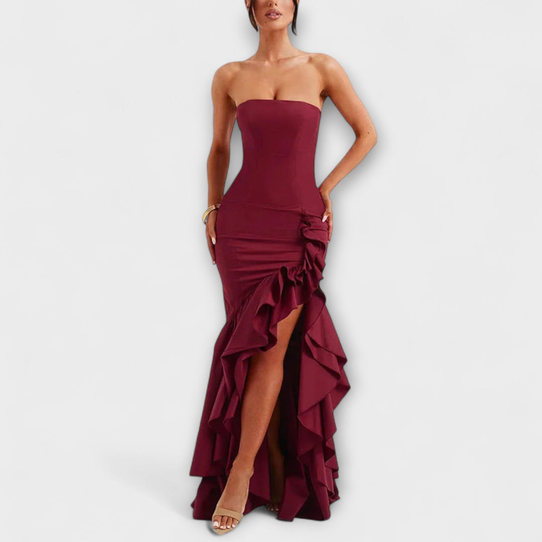 Zuri - Robe maxi à épaules dénudées et ourlet asymétrique