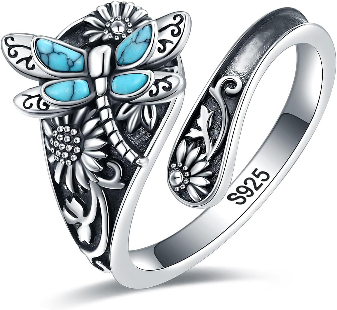 Bague en argent en forme de cuillère avec turquoise – Bague vintage boho avec libellule