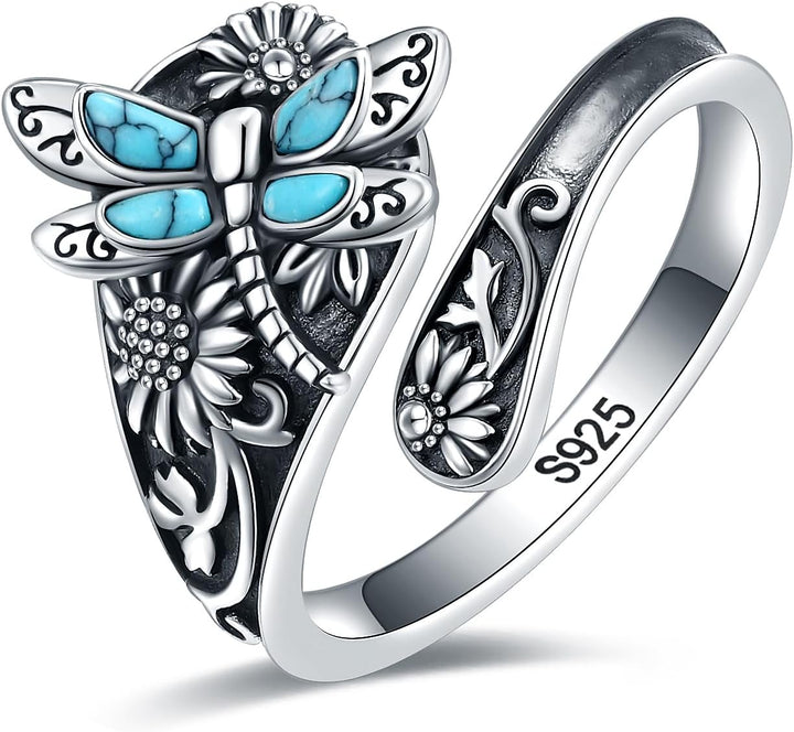 Bague en argent en forme de cuillère avec turquoise – Bague vintage boho avec libellule