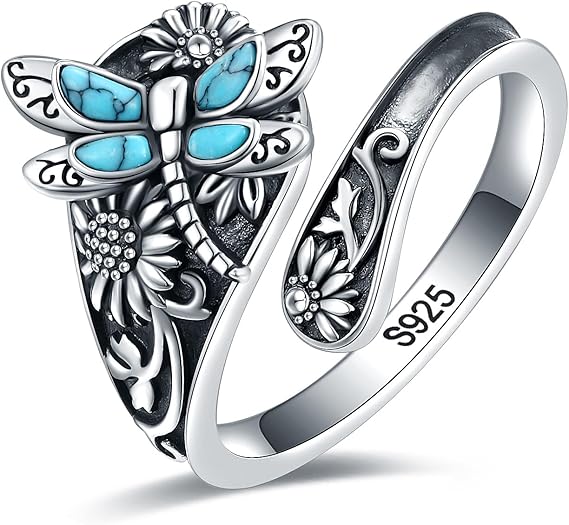Bague en argent en forme de cuillère avec turquoise – Bague vintage boho avec libellule