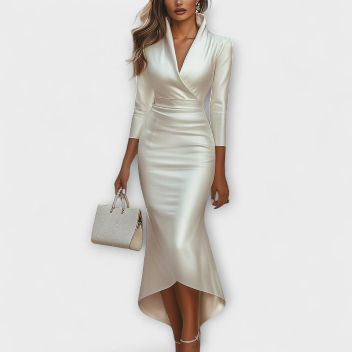 Rebecca - Élégante robe midi en satin blanc avec décolleté en V