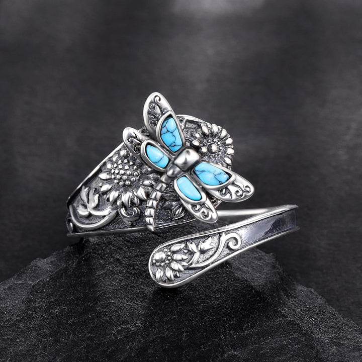 Bague en argent en forme de cuillère avec turquoise – Bague vintage boho avec libellule