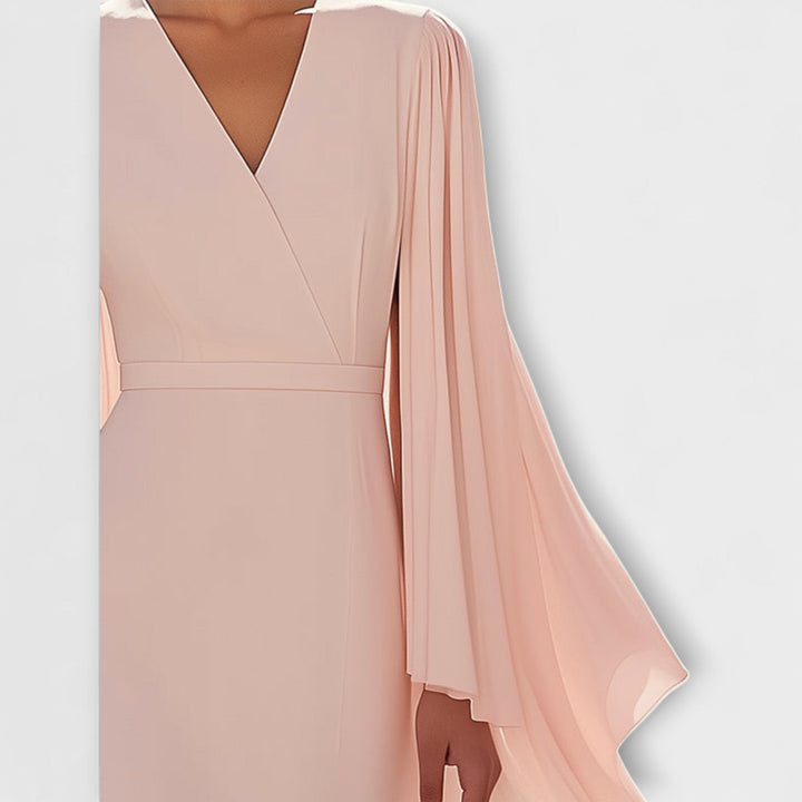Rachel - Robe midi rose avec décolleté en V et manches en chiffon