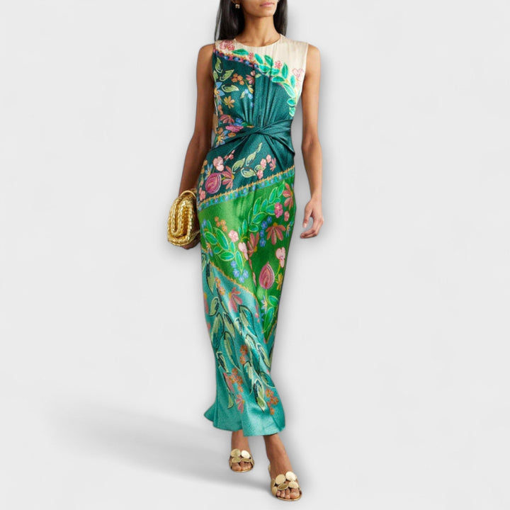 Aisling - Robe Maxi Élégante avec Plis Tordus et Motif Floral