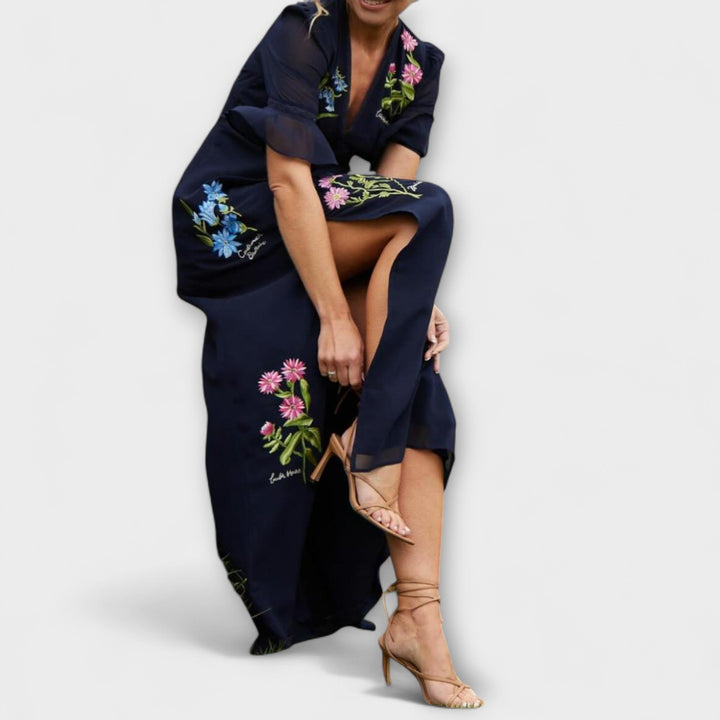 Béatrice - Robe élégante bleu marine avec broderie florale