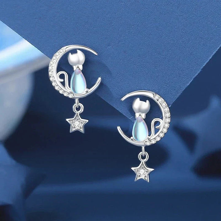 Boucles d'oreilles chat avec motif lunaire et étoilé en argent 925 avec zircon