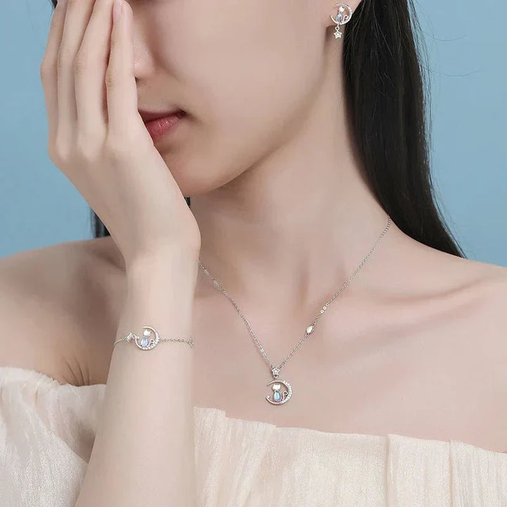 Boucles d'oreilles chat avec motif lunaire et étoilé en argent 925 avec zircon