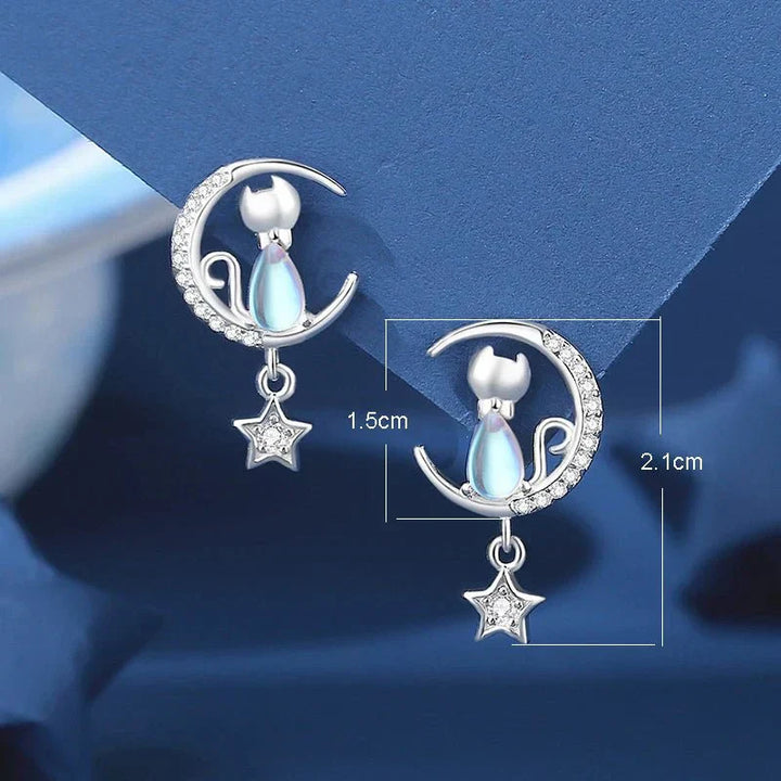 Boucles d'oreilles chat avec motif lunaire et étoilé en argent 925 avec zircon