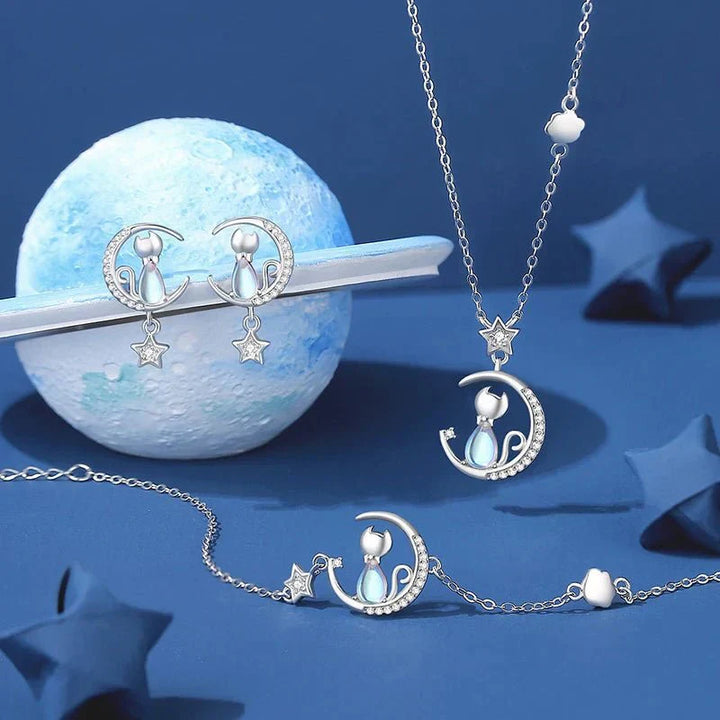 Boucles d'oreilles chat avec motif lunaire et étoilé en argent 925 avec zircon