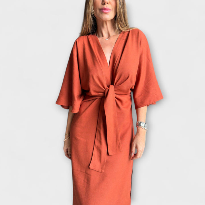 Holly - Robe décontractée avec décolleté en V fabriquée en coton et lin avec lacets
