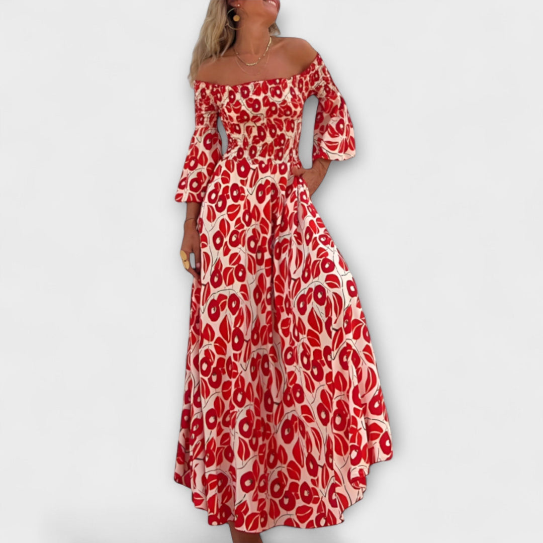 Bella - Robe à épaules dénudées et fleurs océaniques