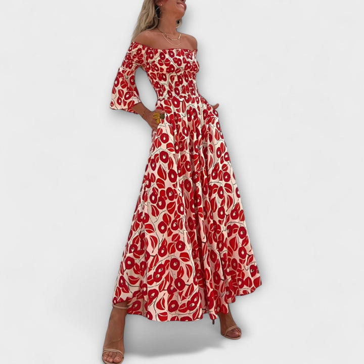 Bella - Robe à épaules dénudées et fleurs océaniques