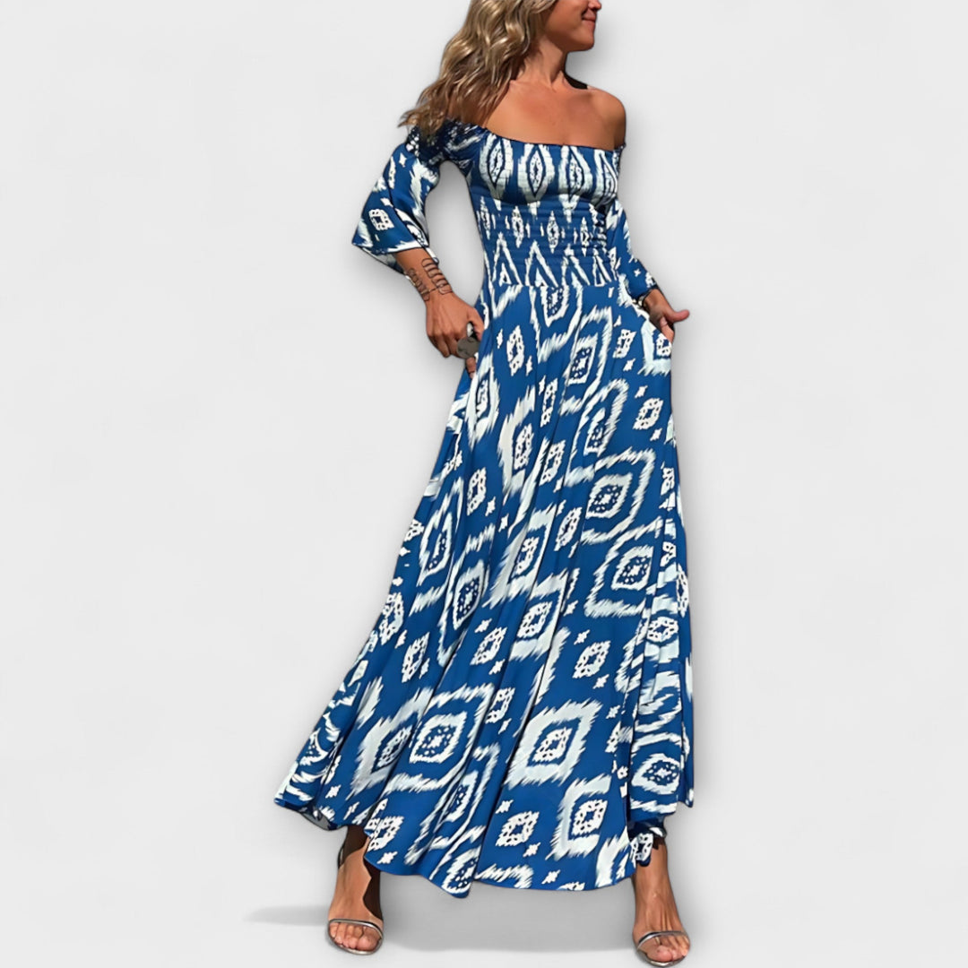 Bella - Robe à épaules dénudées et fleurs océaniques