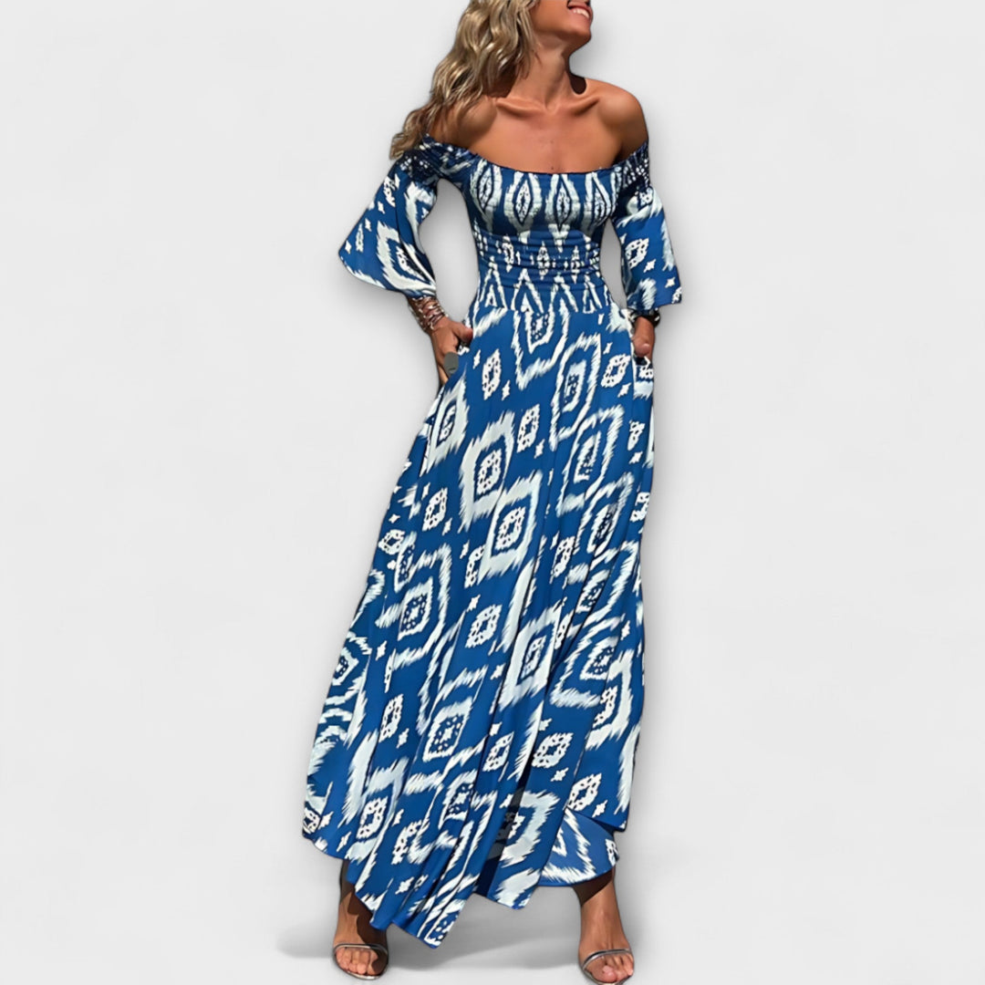 Bella - Robe à épaules dénudées et fleurs océaniques