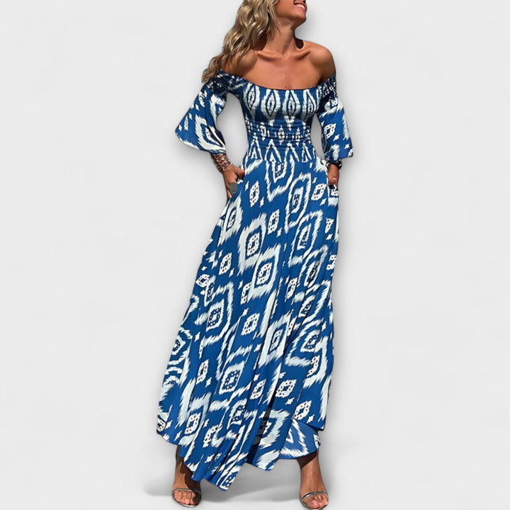 Bella - Robe à épaules dénudées et fleurs océaniques