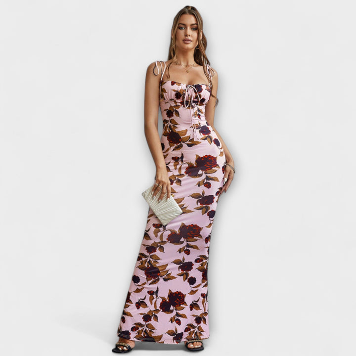 Thalia - Robe de bal à imprimé floral et bretelles nouées