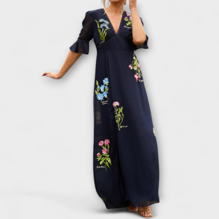 Béatrice - Robe élégante bleu marine avec broderie florale