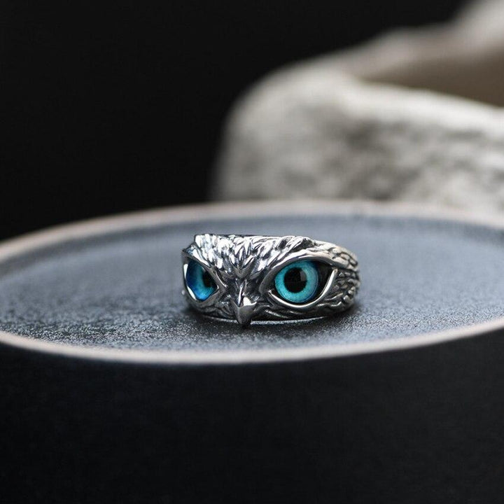 Bague ajustable avec talisman de hibou en argent et opale
