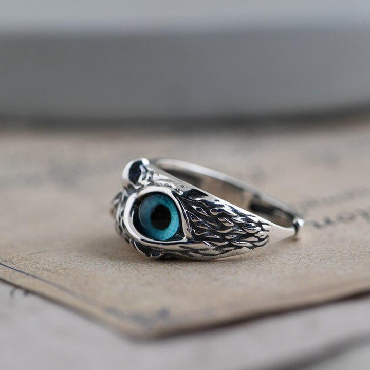 Bague ajustable avec talisman de hibou en argent et opale