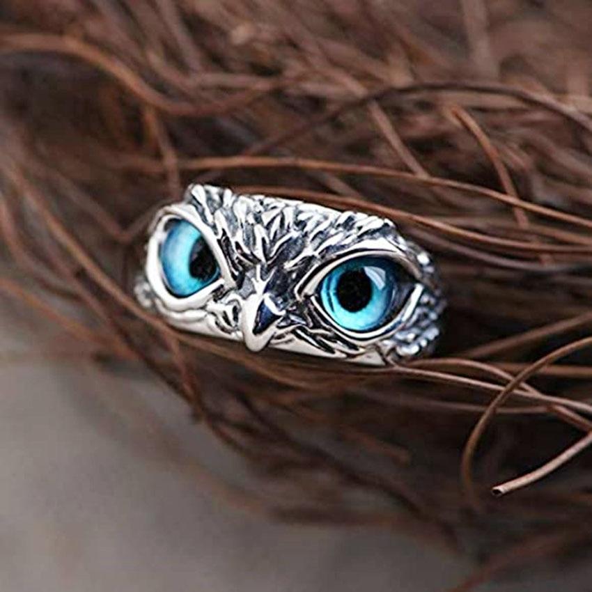 Bague ajustable avec talisman de hibou en argent et opale