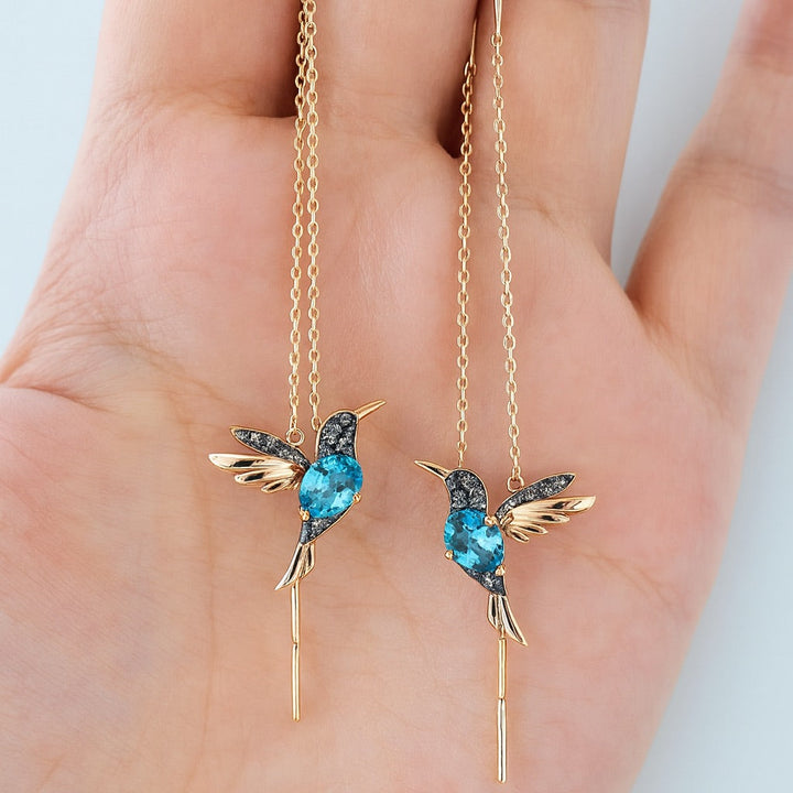 Boucles d'oreilles émaillées avec zirconiums en forme de colibri