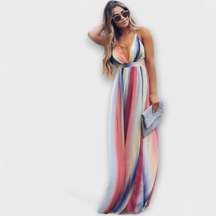 Robe femme à rayures multicolores avec décolleté en V