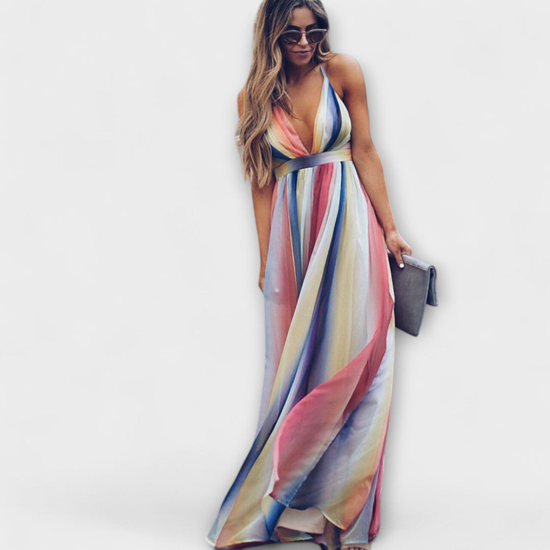 Robe femme à rayures multicolores avec décolleté en V