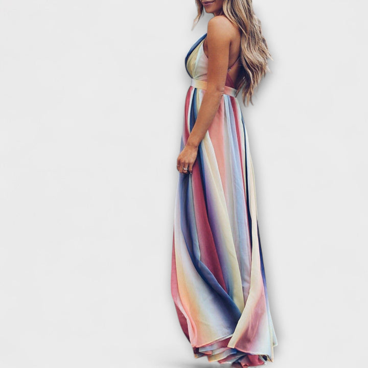 Robe femme à rayures multicolores avec décolleté en V