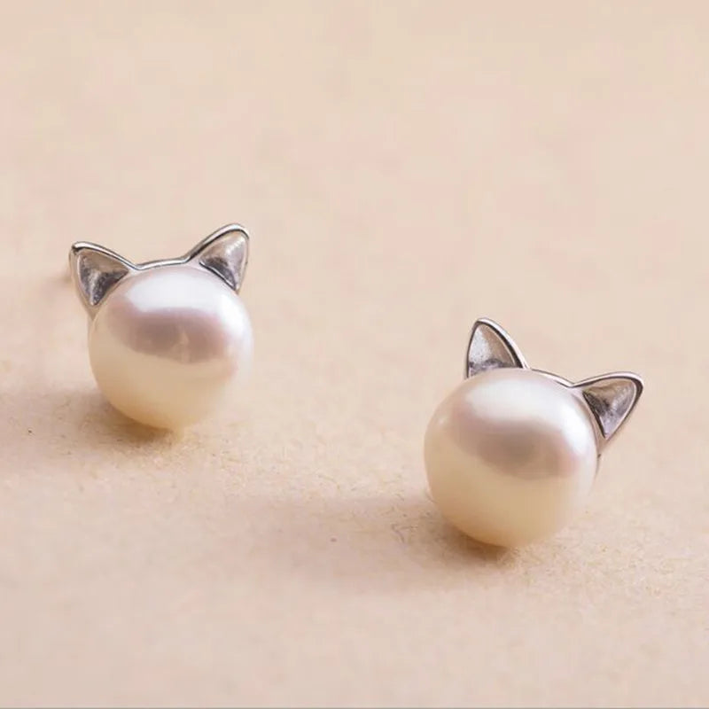 Boucles d'oreilles en argent avec perle en forme de chat