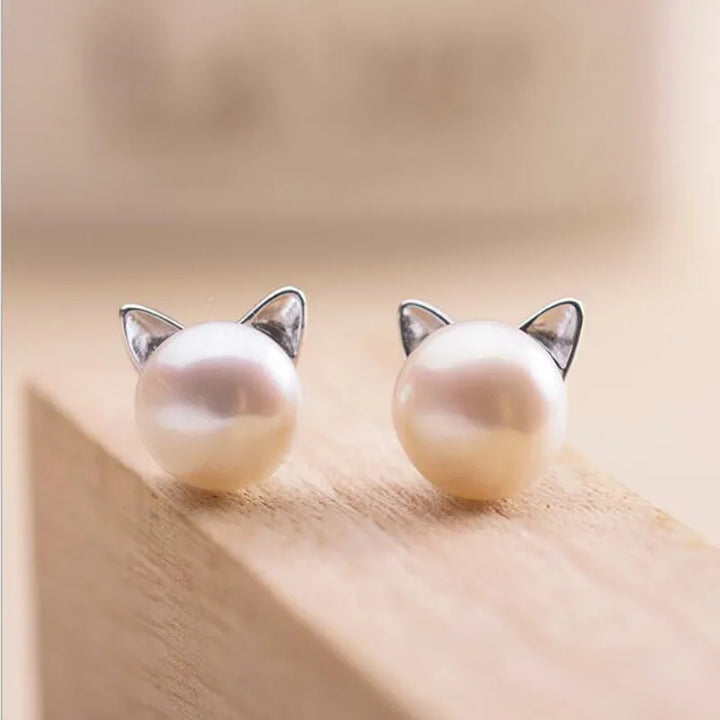 Boucles d'oreilles en argent avec perle en forme de chat