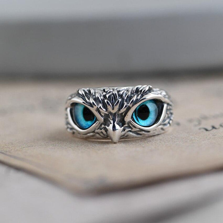 Bague ajustable avec talisman de hibou en argent et opale