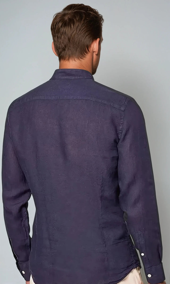 Chemise en lin à col bandé bleu marine