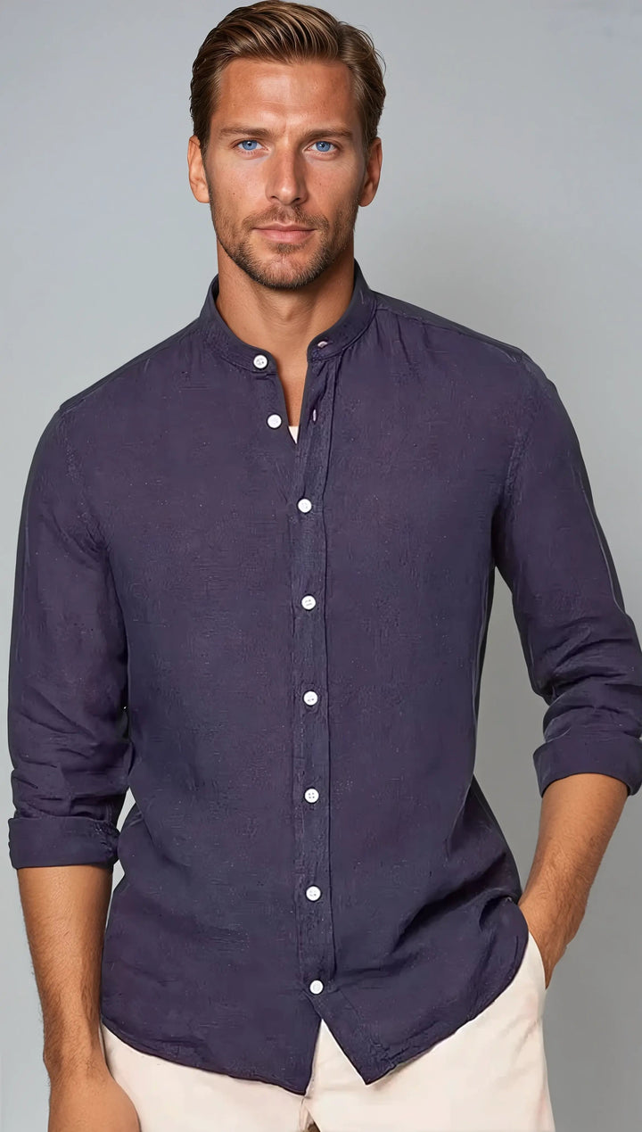Chemise en lin à col bandé bleu marine