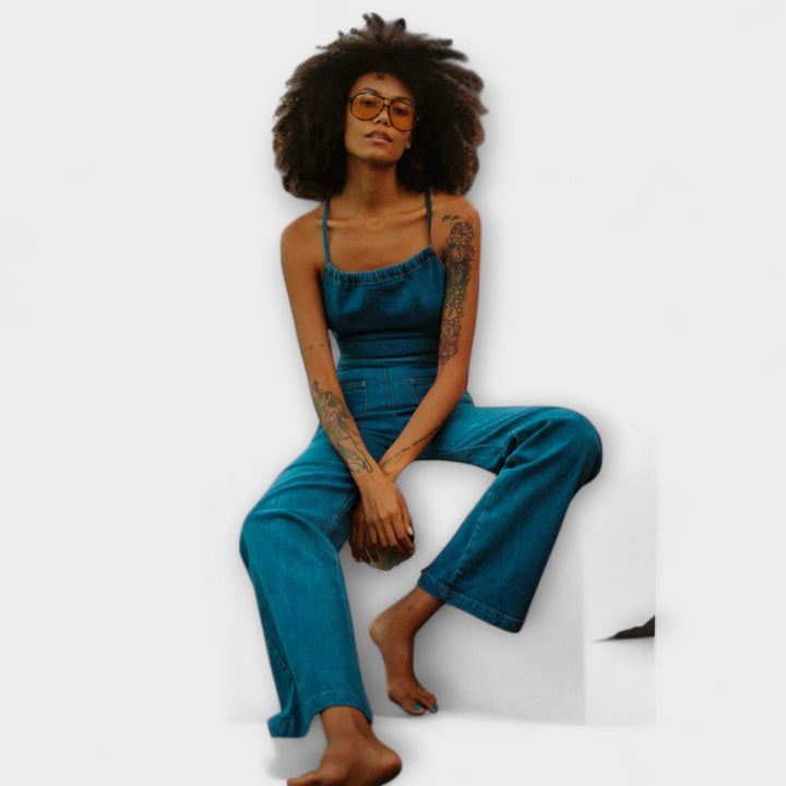 Julie - Salopette en denim avec jambes évasées et détail à nouer