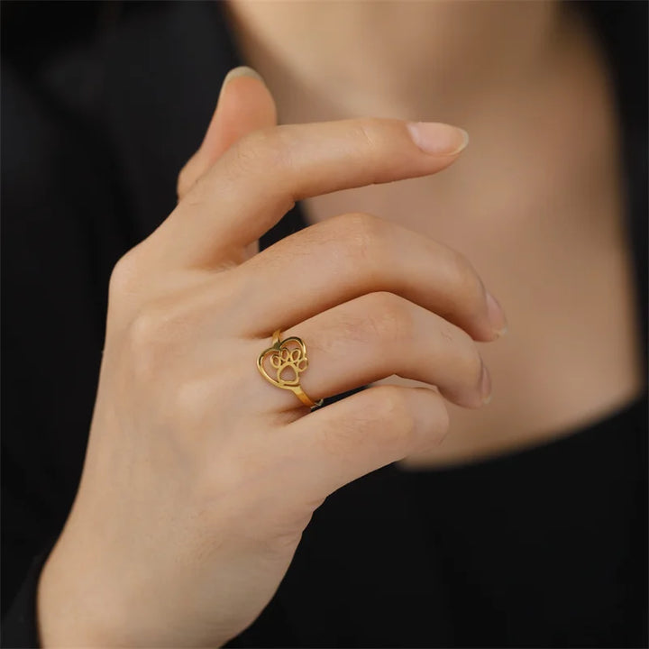 Bague avec empreinte et cœur en or – Bijoux en acier inoxydable pour les amoureux des animaux
