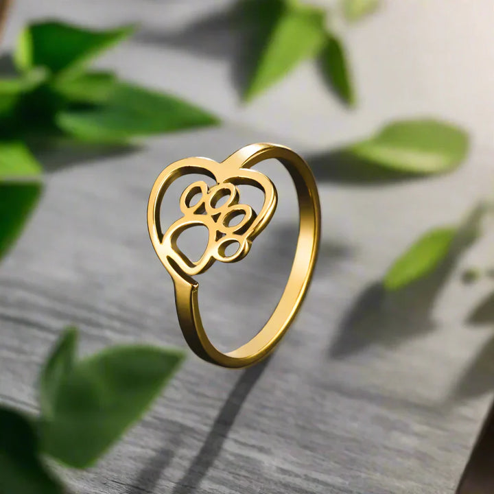 Bague avec empreinte et cœur en or – Bijoux en acier inoxydable pour les amoureux des animaux