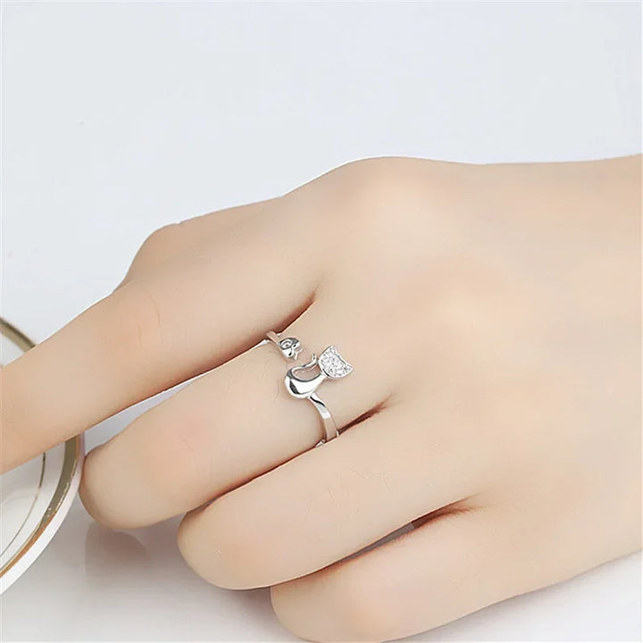 Bague ouverte avec un adorable chat – Zirconiums