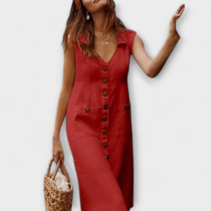 Nora – Robe A-Ligne en Coton et Lin avec Décolleté en V