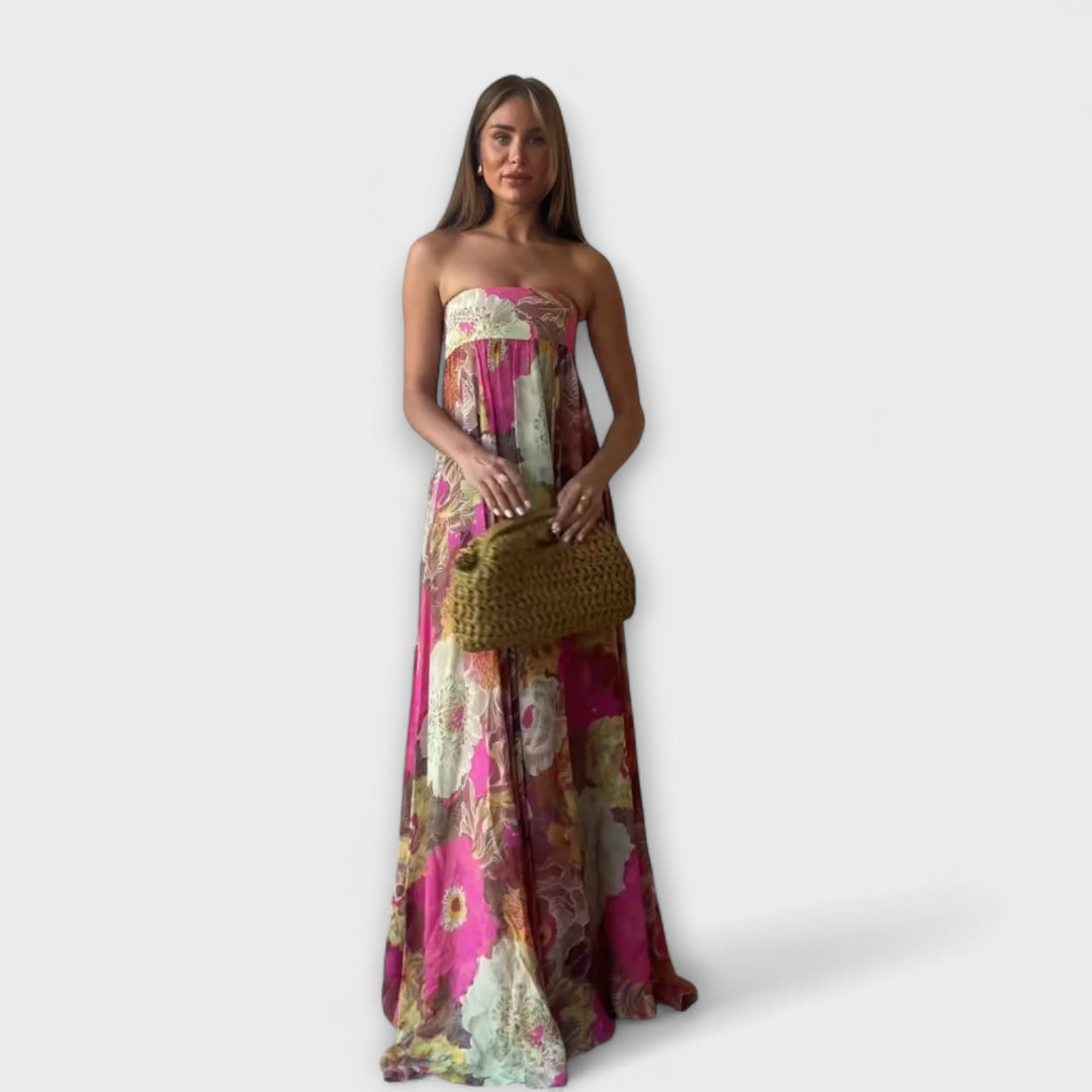 Robe Maxi Plissée Chic Rétro Sans Bretelles
