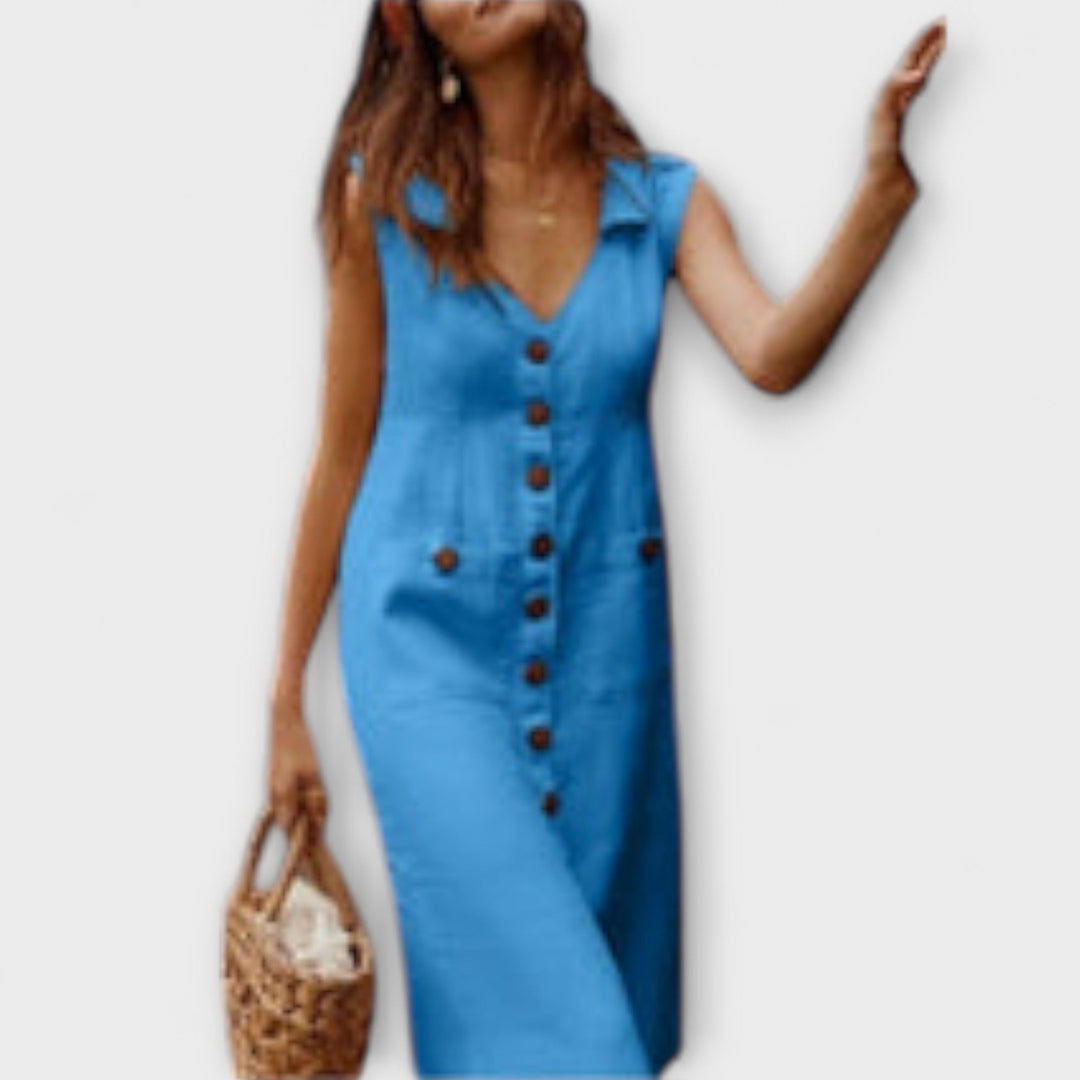 Nora – Robe A-Ligne en Coton et Lin avec Décolleté en V