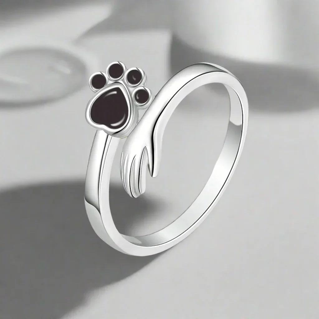 Bague ajustable en argent 925 – Design avec empreinte de main et de patte