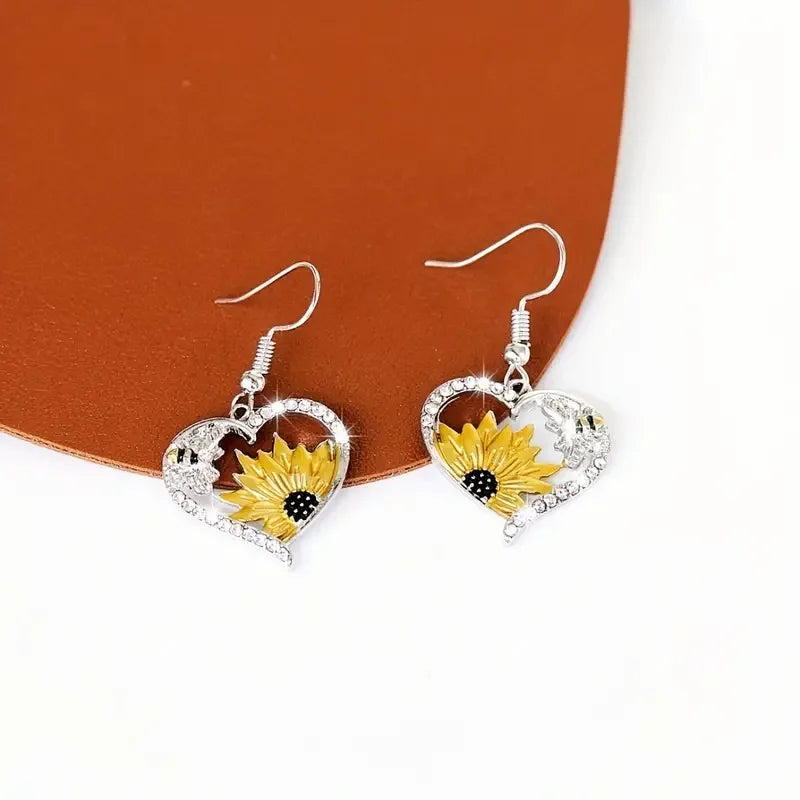 Boucles d'oreilles vintage boho avec tournesol et cœur avec abeille