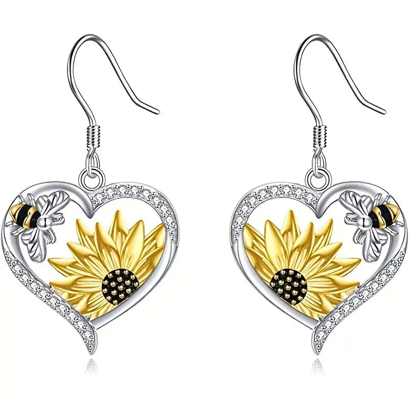 Boucles d'oreilles vintage boho avec tournesol et cœur avec abeille