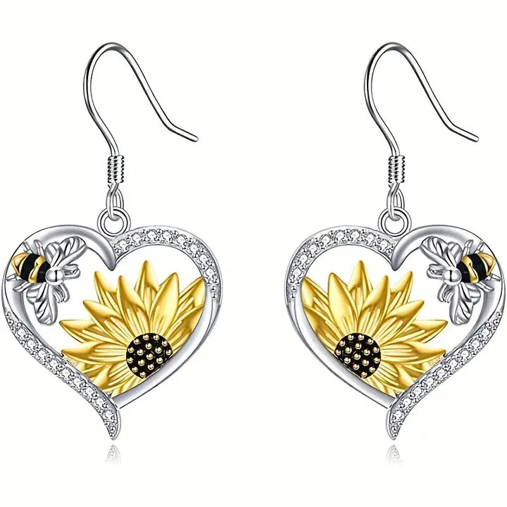 Boucles d'oreilles vintage boho avec tournesol et cœur avec abeille