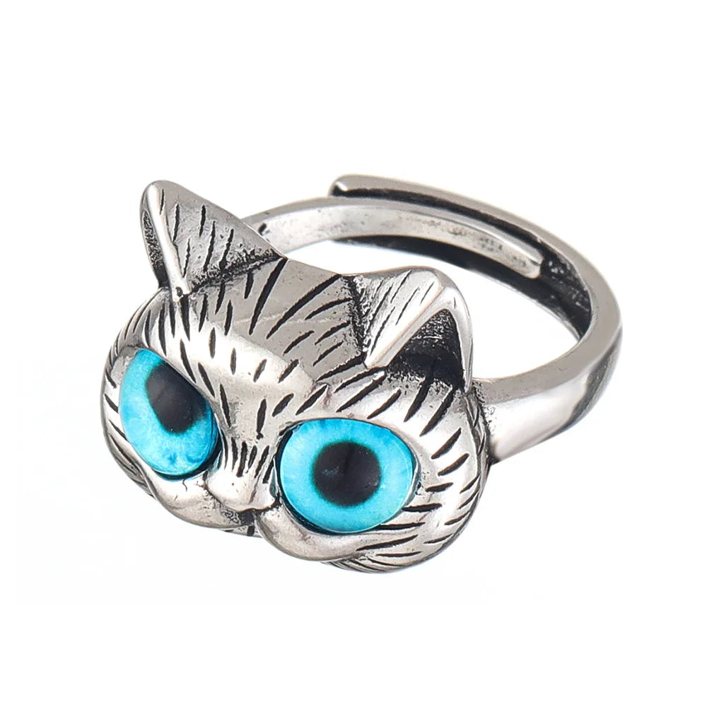 Bague avec un chat aux yeux bleus – Bague vintage ludique en argent pour les amoureux des chats