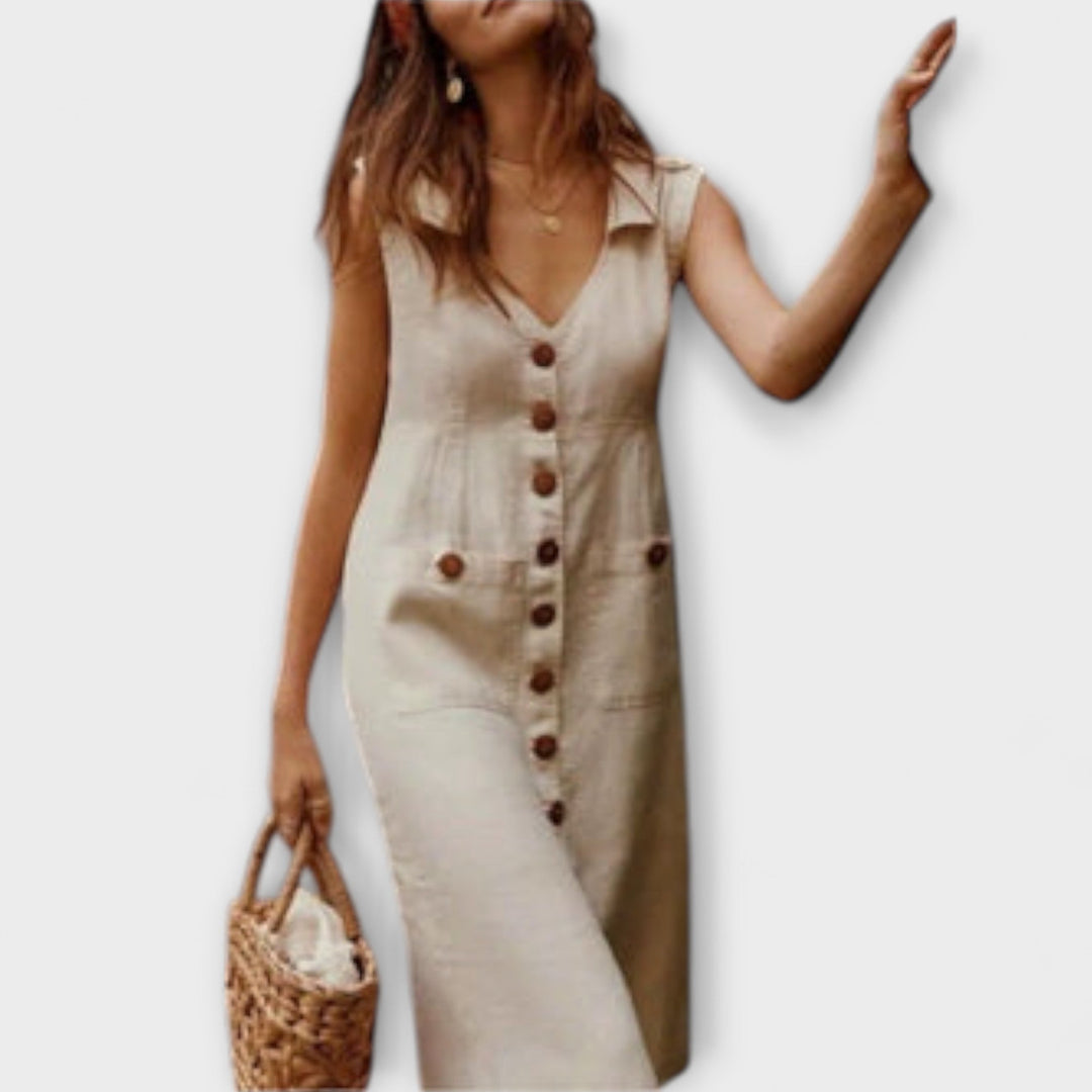 Nora – Robe A-Ligne en Coton et Lin avec Décolleté en V