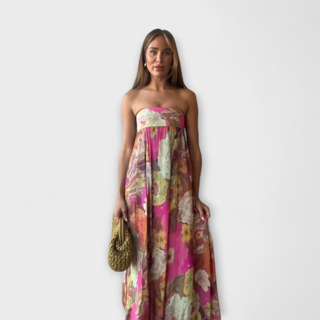 Robe Maxi Plissée Chic Rétro Sans Bretelles