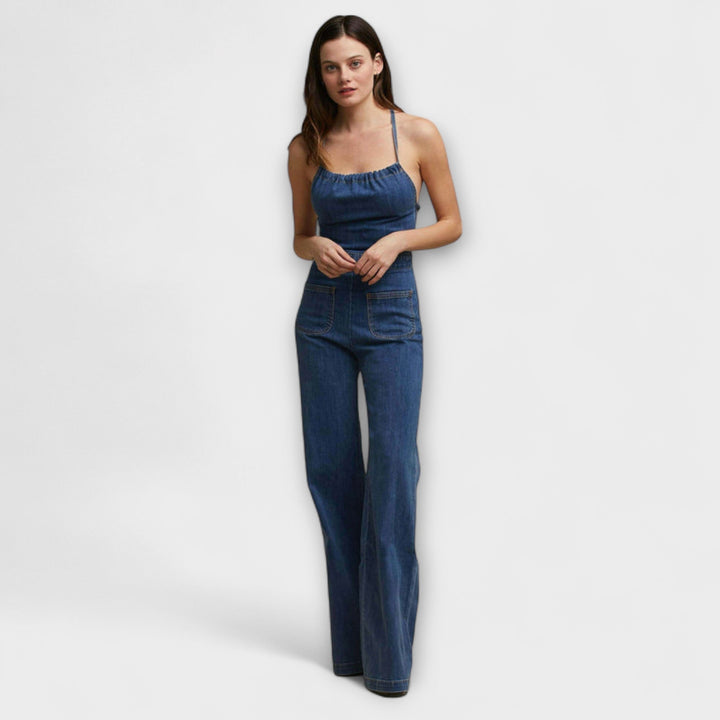 Julie - Salopette en denim avec jambes évasées et détail à nouer