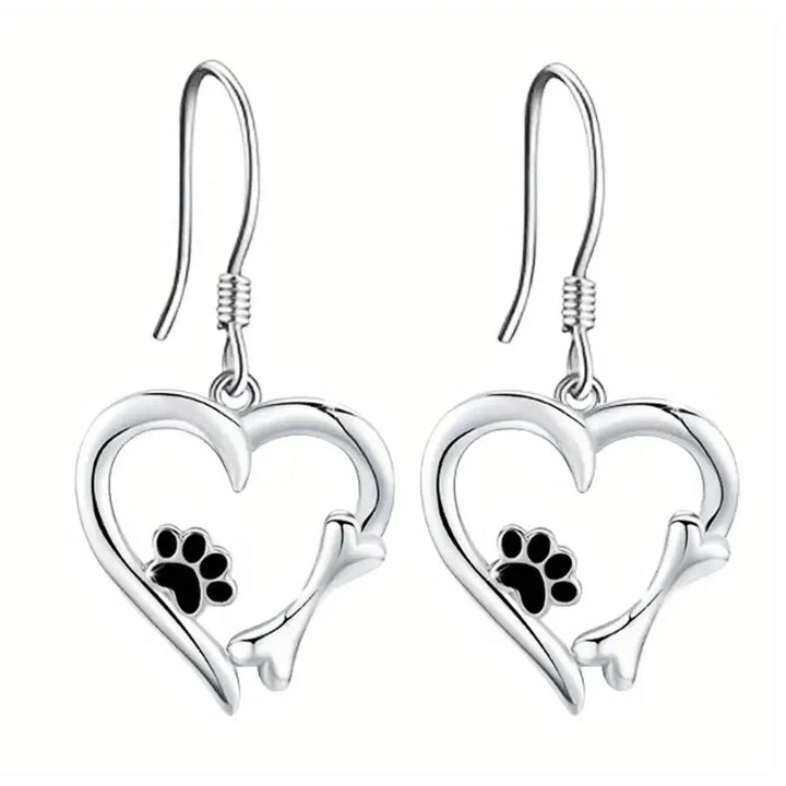 Boucles d'oreilles pendantes en argent en forme de cœur avec empreinte de patte