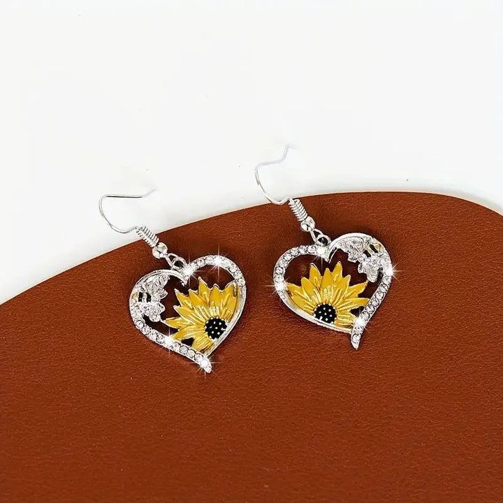 Boucles d'oreilles vintage boho avec tournesol et cœur avec abeille